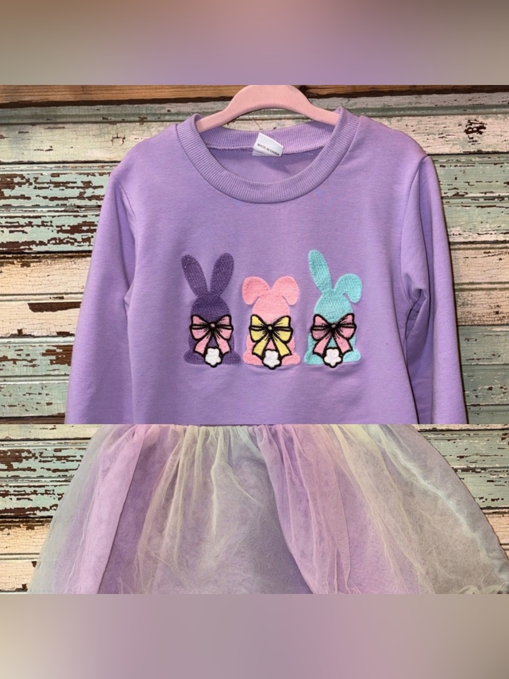 Girls Lavender Bunny Appliqué Crewneck Sweatshirt and matching skirt